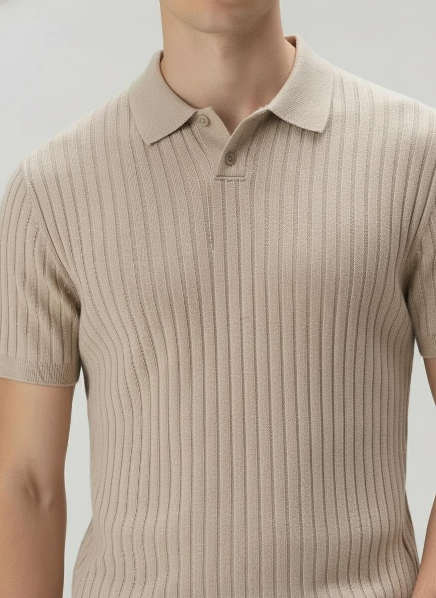 Men Khaki Melange Striped Polo Collar T-shirt