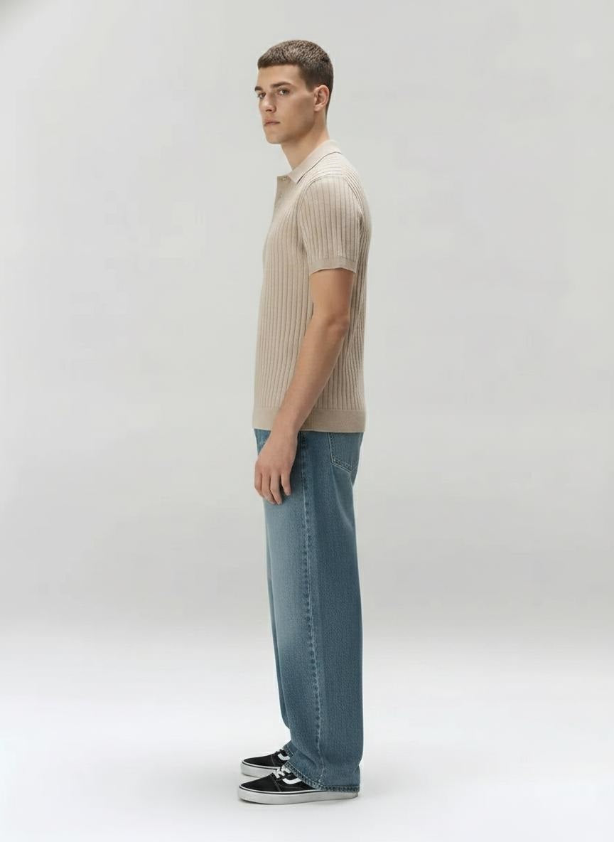 Men Khaki Melange Striped Polo Collar T-shirt