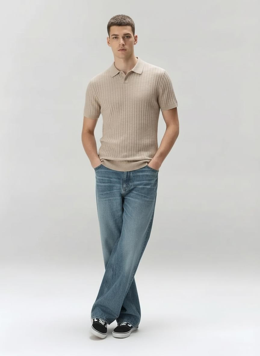 Men Khaki Melange Striped Polo Collar T-shirt