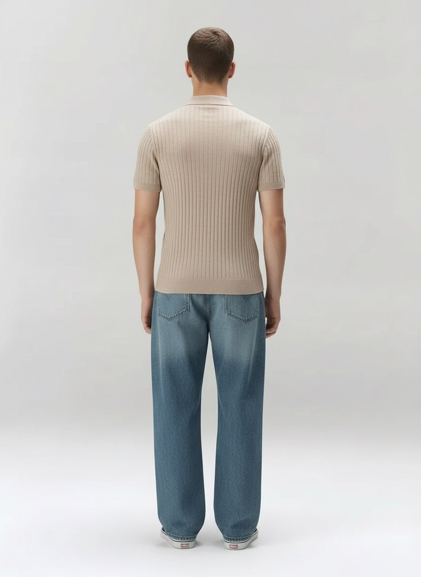 Men Khaki Melange Striped Polo Collar T-shirt