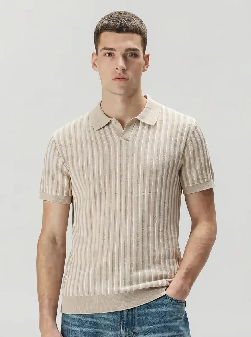 Men Natural Melange Striped Polo Collar T-shirt
