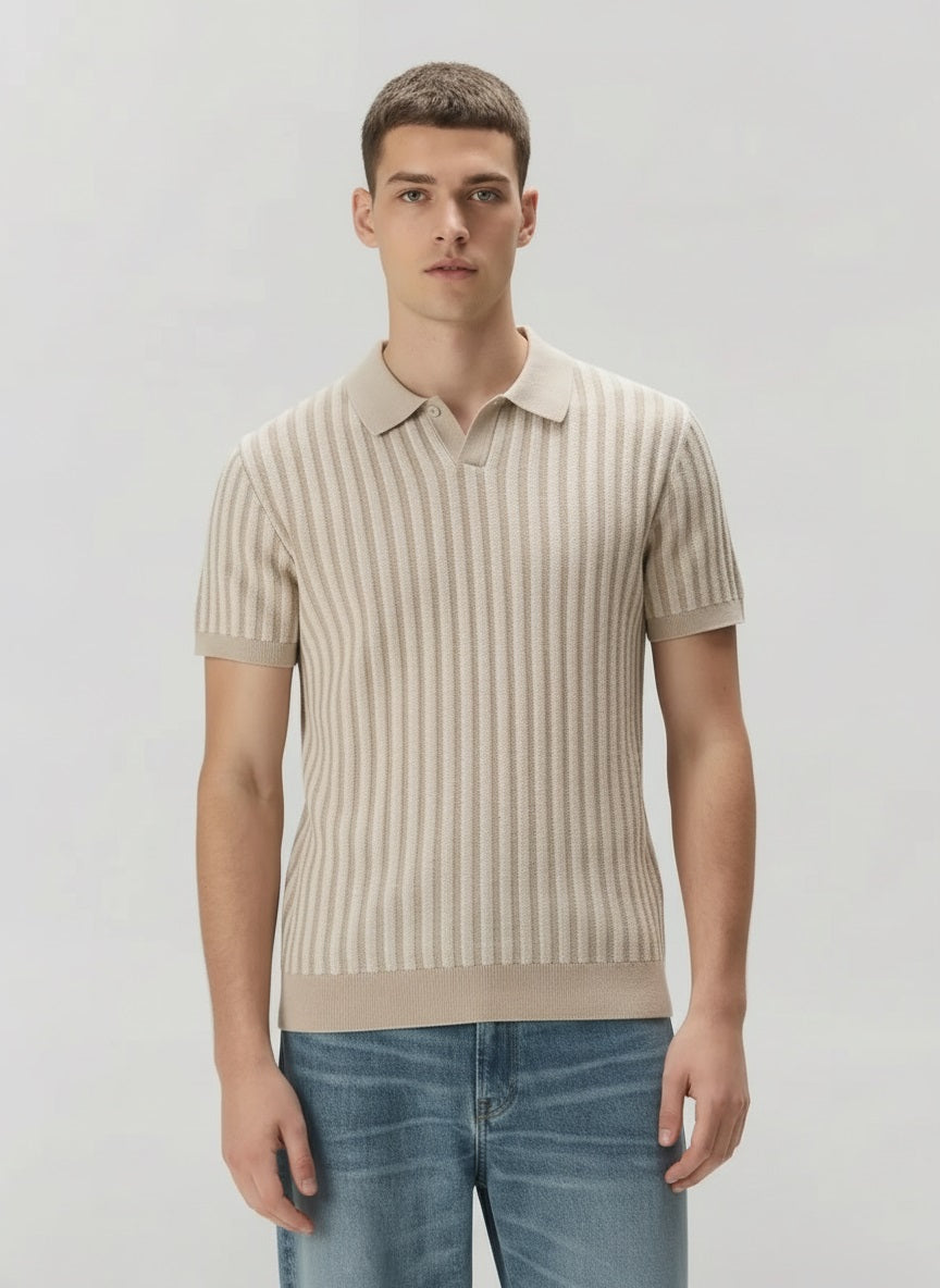 Men Natural Melange Striped Polo Collar T-shirt