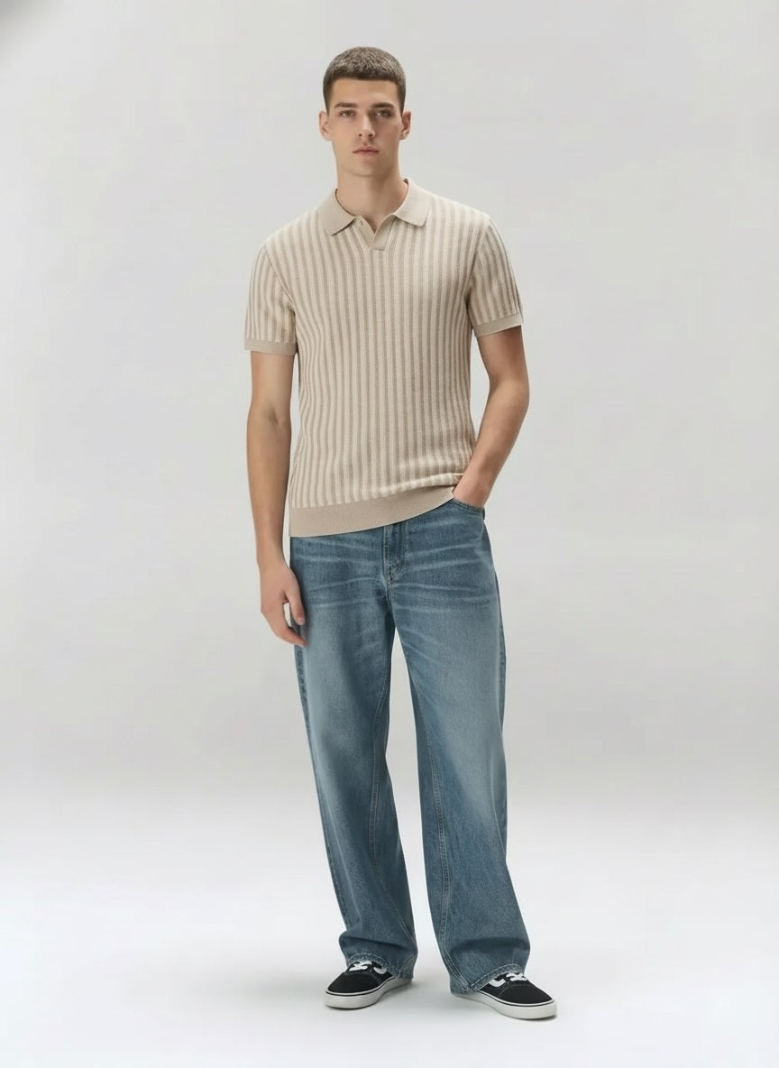 Men Natural Melange Striped Polo Collar T-shirt