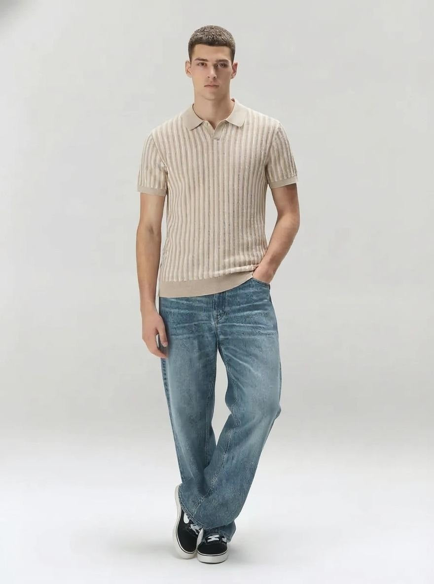 Men Natural Melange Striped Polo Collar T-shirt