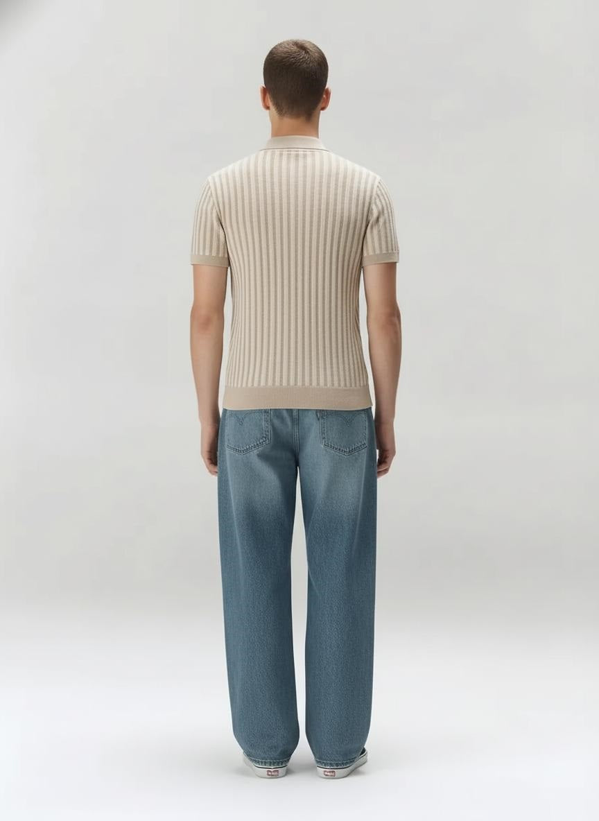 Men Natural Melange Striped Polo Collar T-shirt