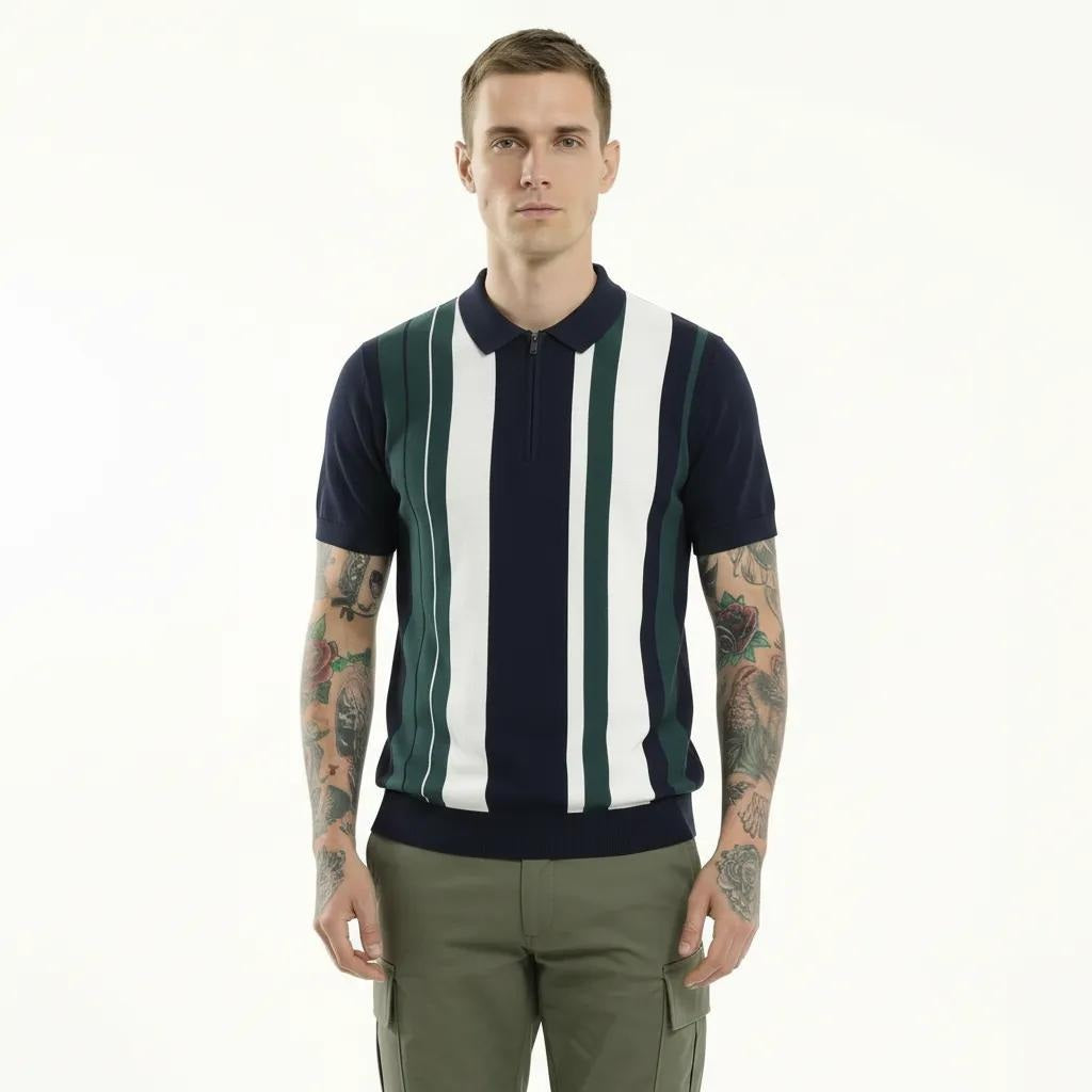 Men Dark Navy Striped Polo Collar T-shirt