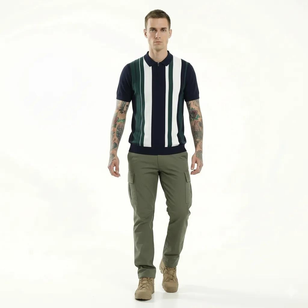 Men Dark Navy Striped Polo Collar T-shirt