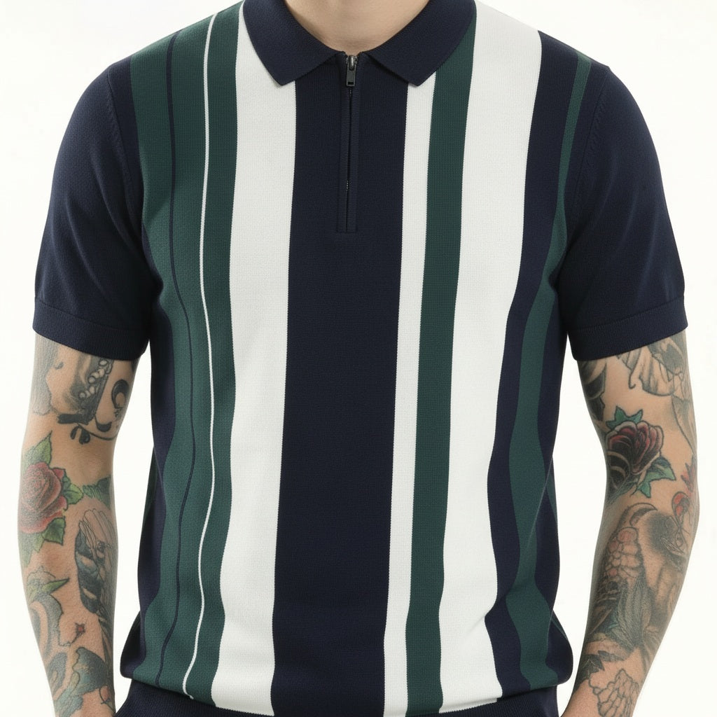 Men Dark Navy Striped Polo Collar T-shirt