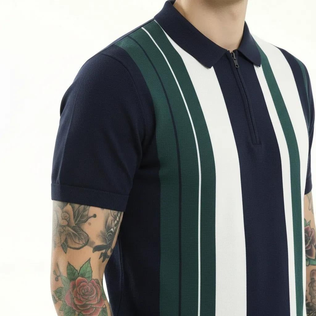 Men Dark Navy Striped Polo Collar T-shirt