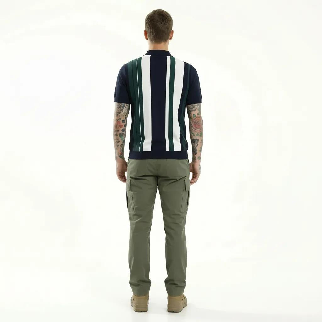 Men Dark Navy Striped Polo Collar T-shirt