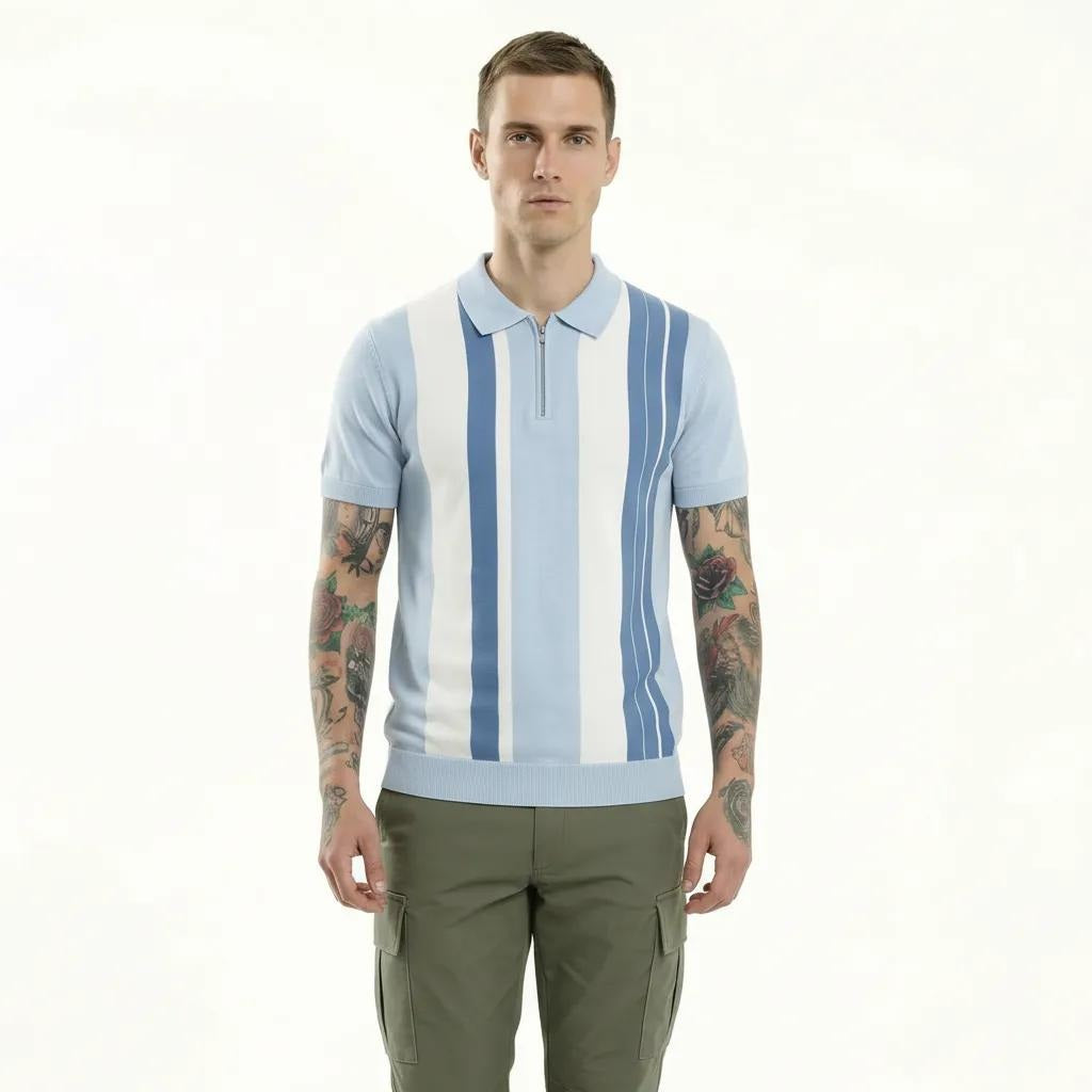 Men Light Sky Striped Polo Collar T-shirt