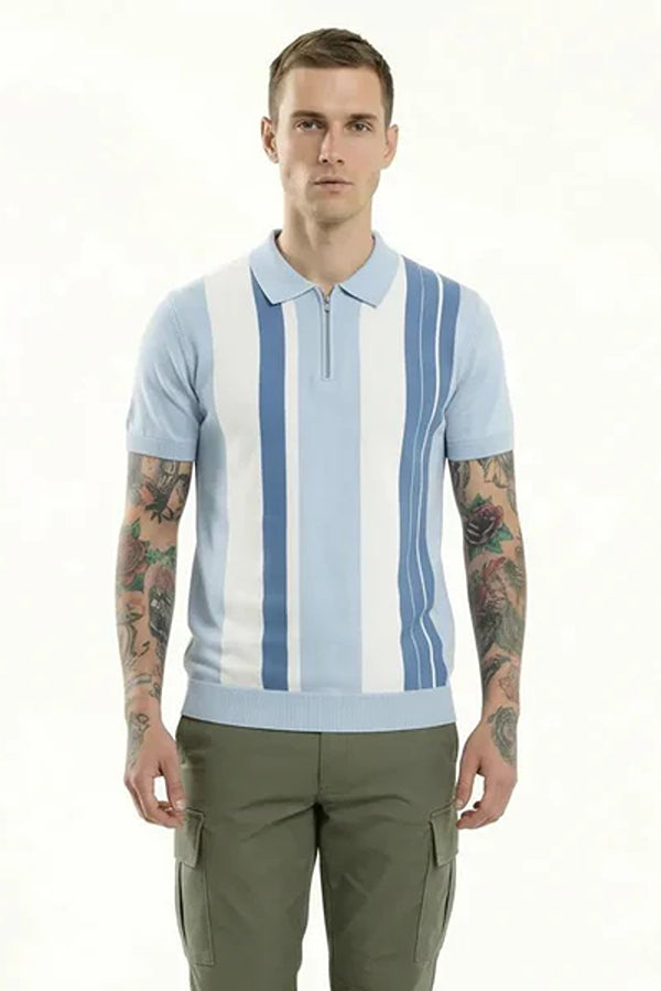 Men Light Sky Striped Polo Collar T-shirt