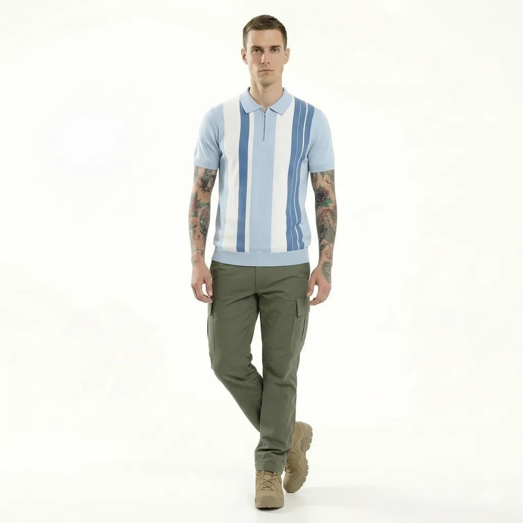 Men Light Sky Striped Polo Collar T-shirt