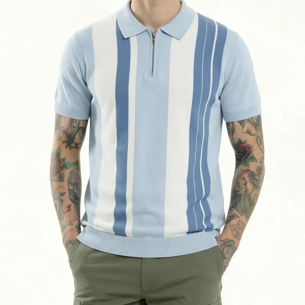 Men Light Sky Striped Polo Collar T-shirt