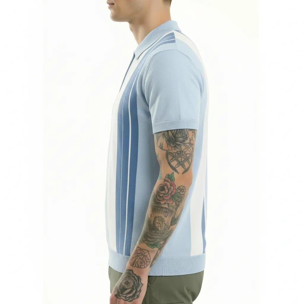 Men Light Sky Striped Polo Collar T-shirt