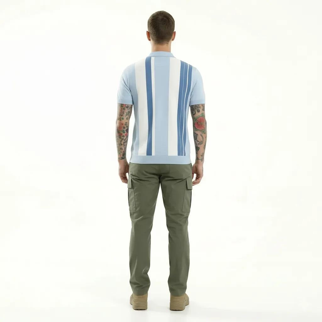 Men Light Sky Striped Polo Collar T-shirt