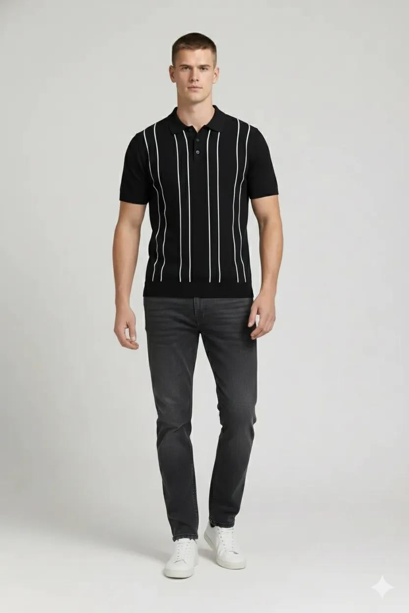 Men Black Striped Polo Collar T-shirt