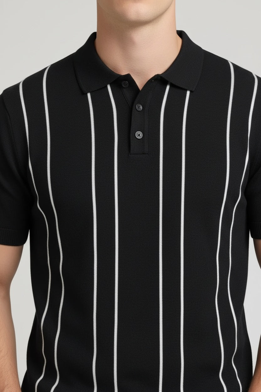 Men Black Striped Polo Collar T-shirt