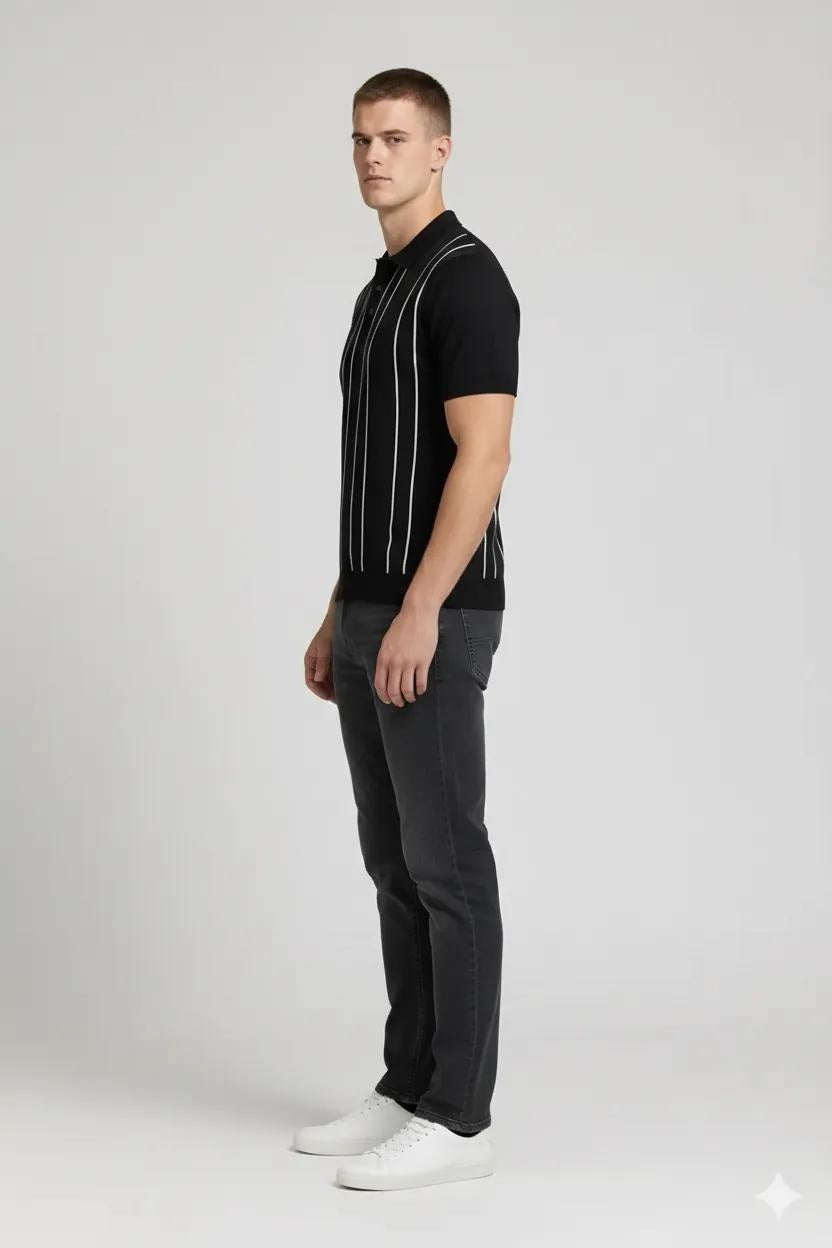 Men Black Striped Polo Collar T-shirt