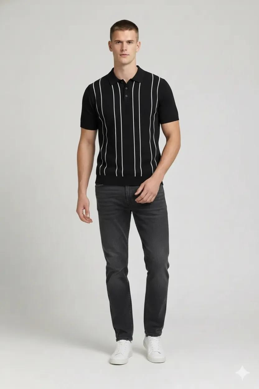 Men Black Striped Polo Collar T-shirt