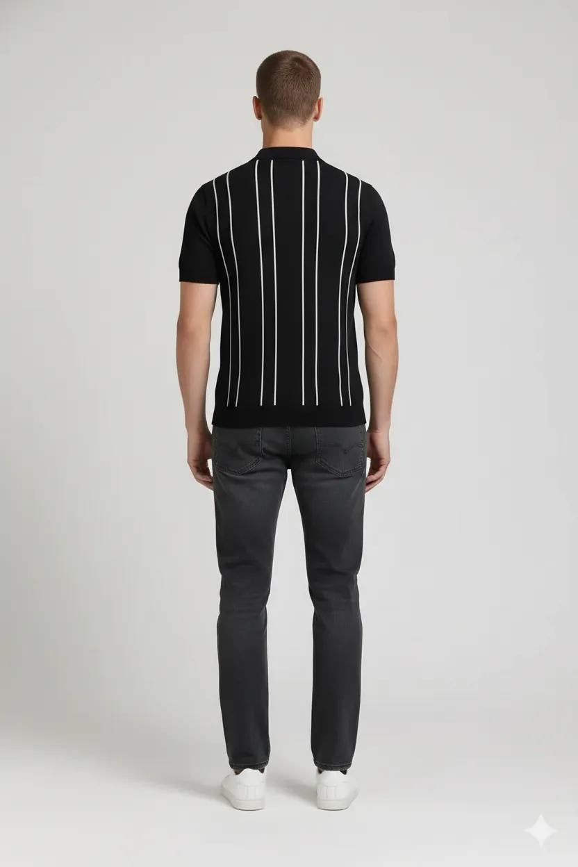 Men Black Striped Polo Collar T-shirt