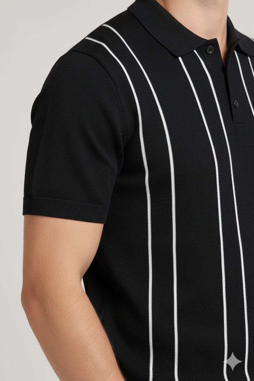 Men Black Striped Polo Collar T-shirt