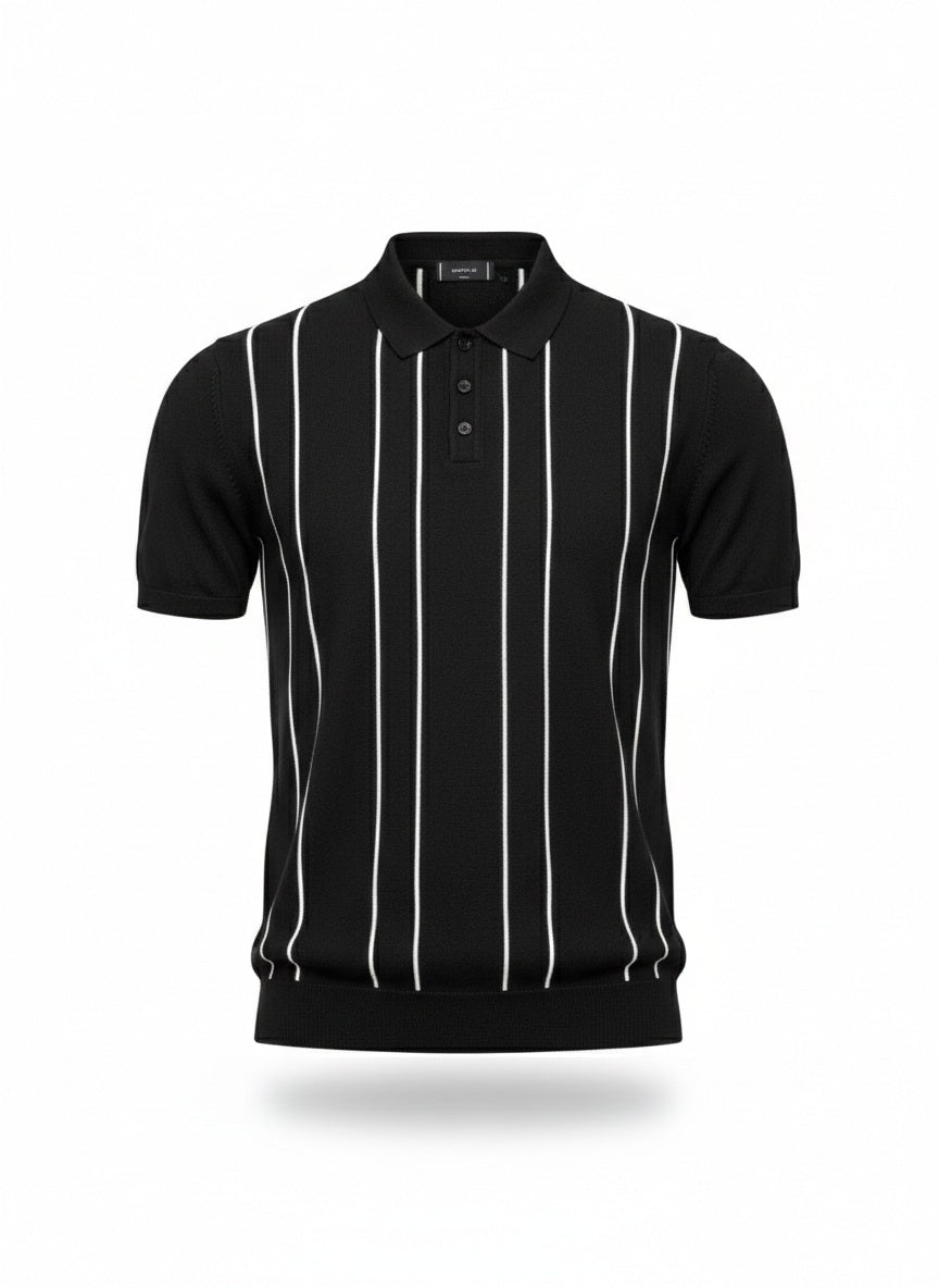 Men Black Striped Polo Collar T-shirt
