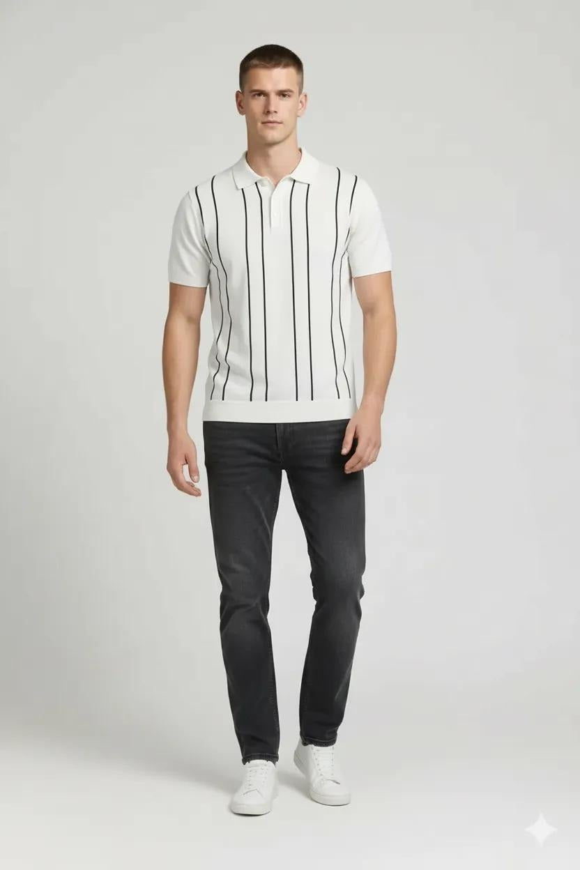 Men Off White Striped Polo Collar T-shirt