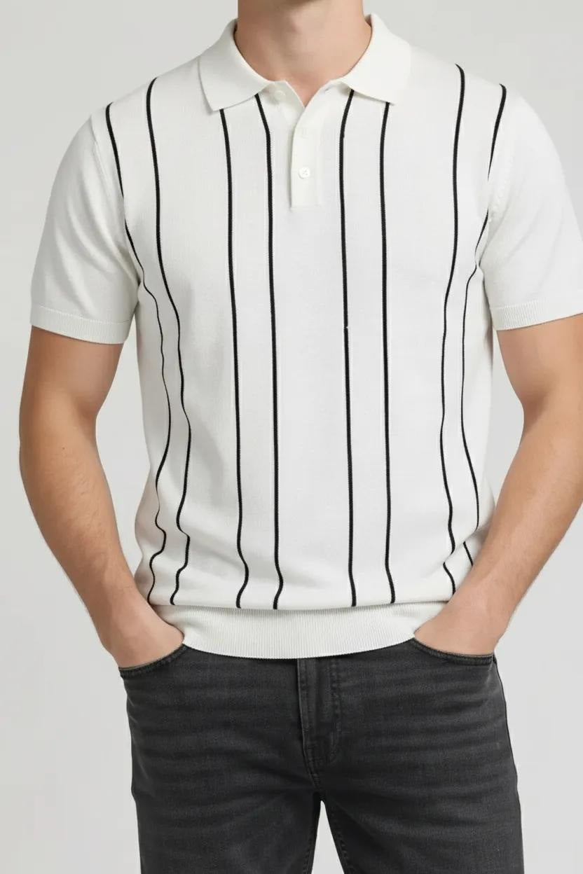 Men Off White Striped Polo Collar T-shirt