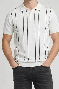 Men Off White Striped Polo Collar T-shirt