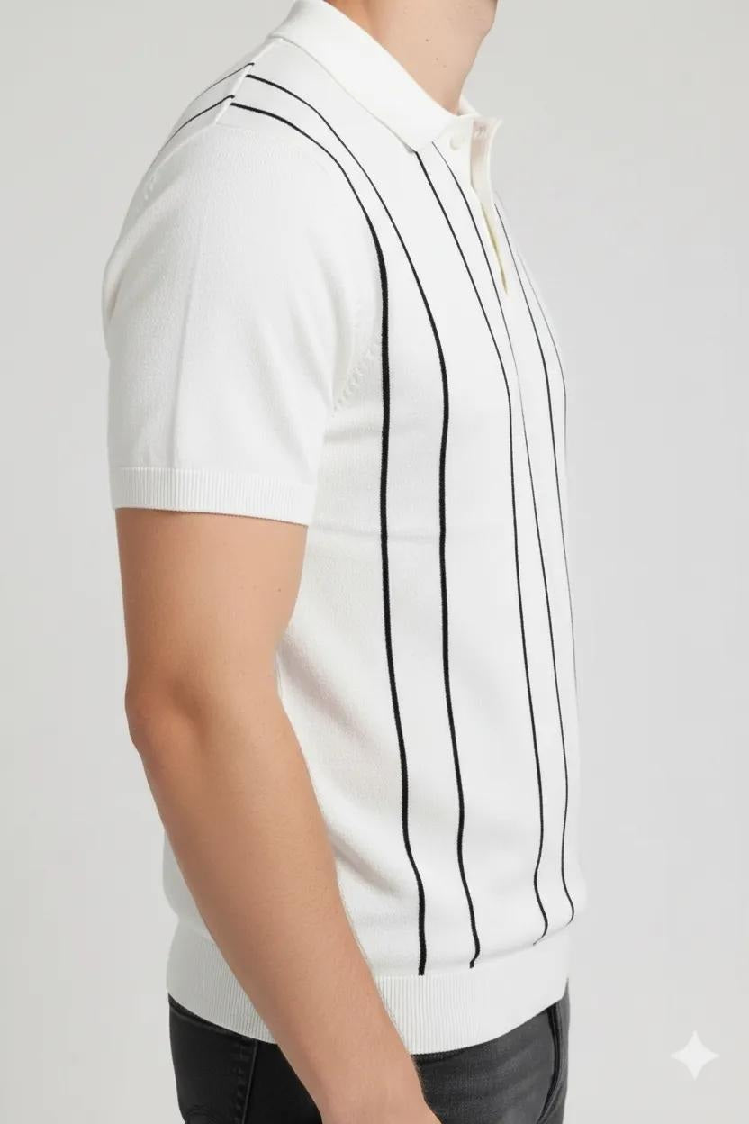 Men Off White Striped Polo Collar T-shirt