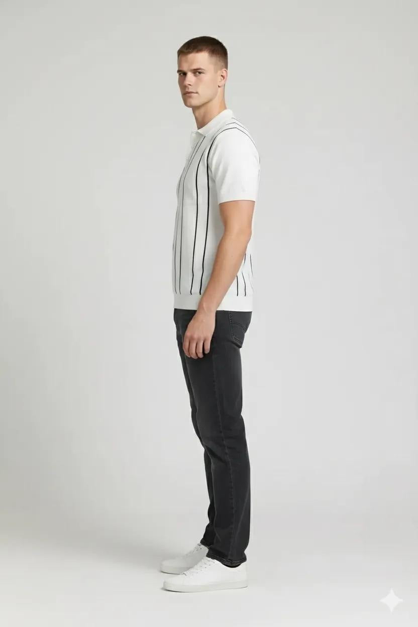 Men Off White Striped Polo Collar T-shirt