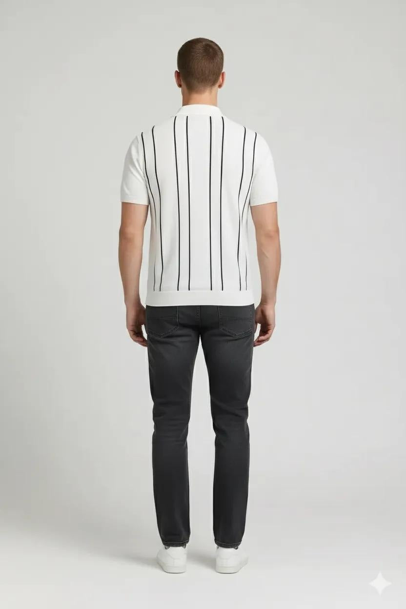 Men Off White Striped Polo Collar T-shirt