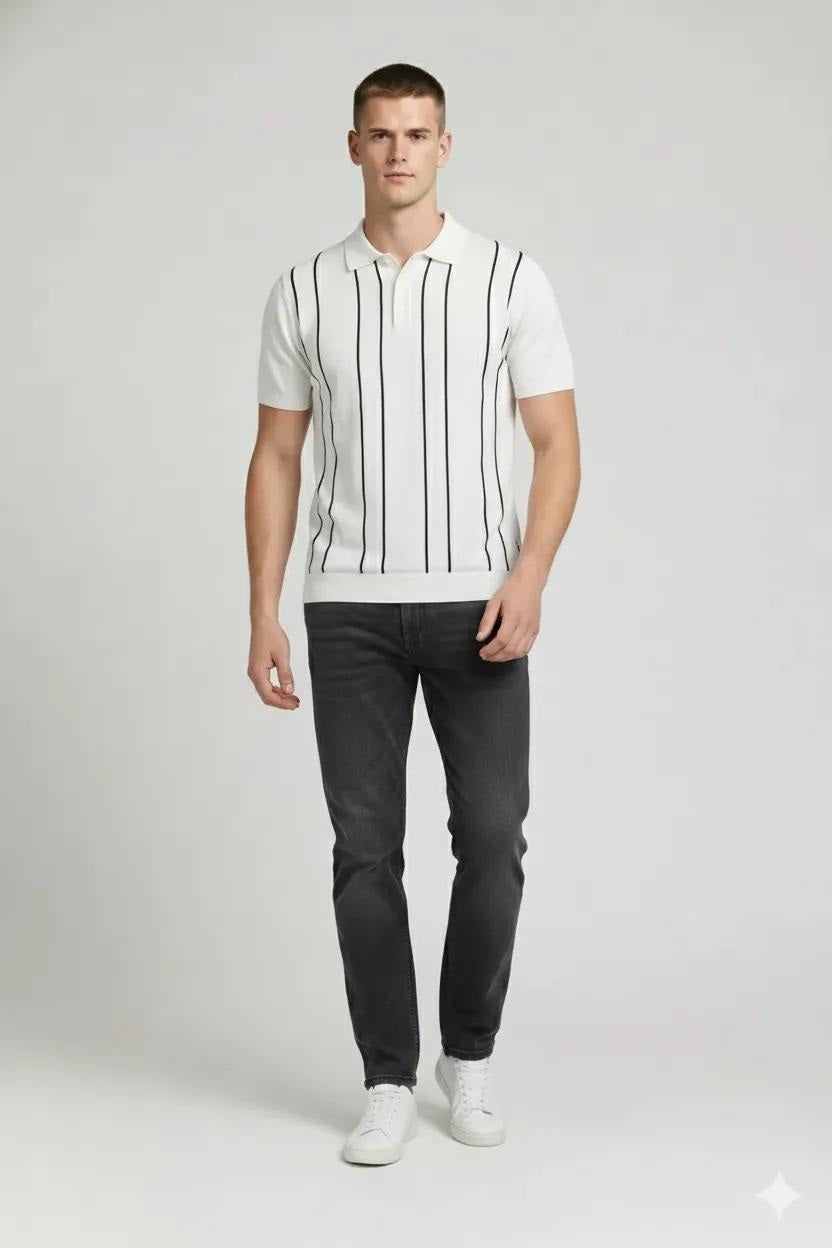 Men Off White Striped Polo Collar T-shirt