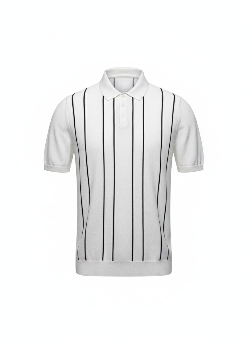 Men Off White Striped Polo Collar T-shirt