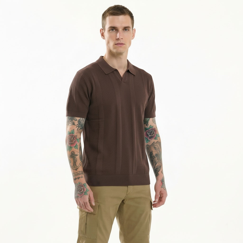 METTLE Men Coffee Striped Polo Collar T-shirt