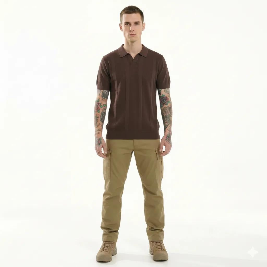 METTLE Men Coffee Striped Polo Collar T-shirt