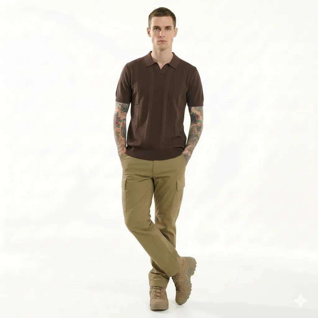 METTLE Men Coffee Striped Polo Collar T-shirt
