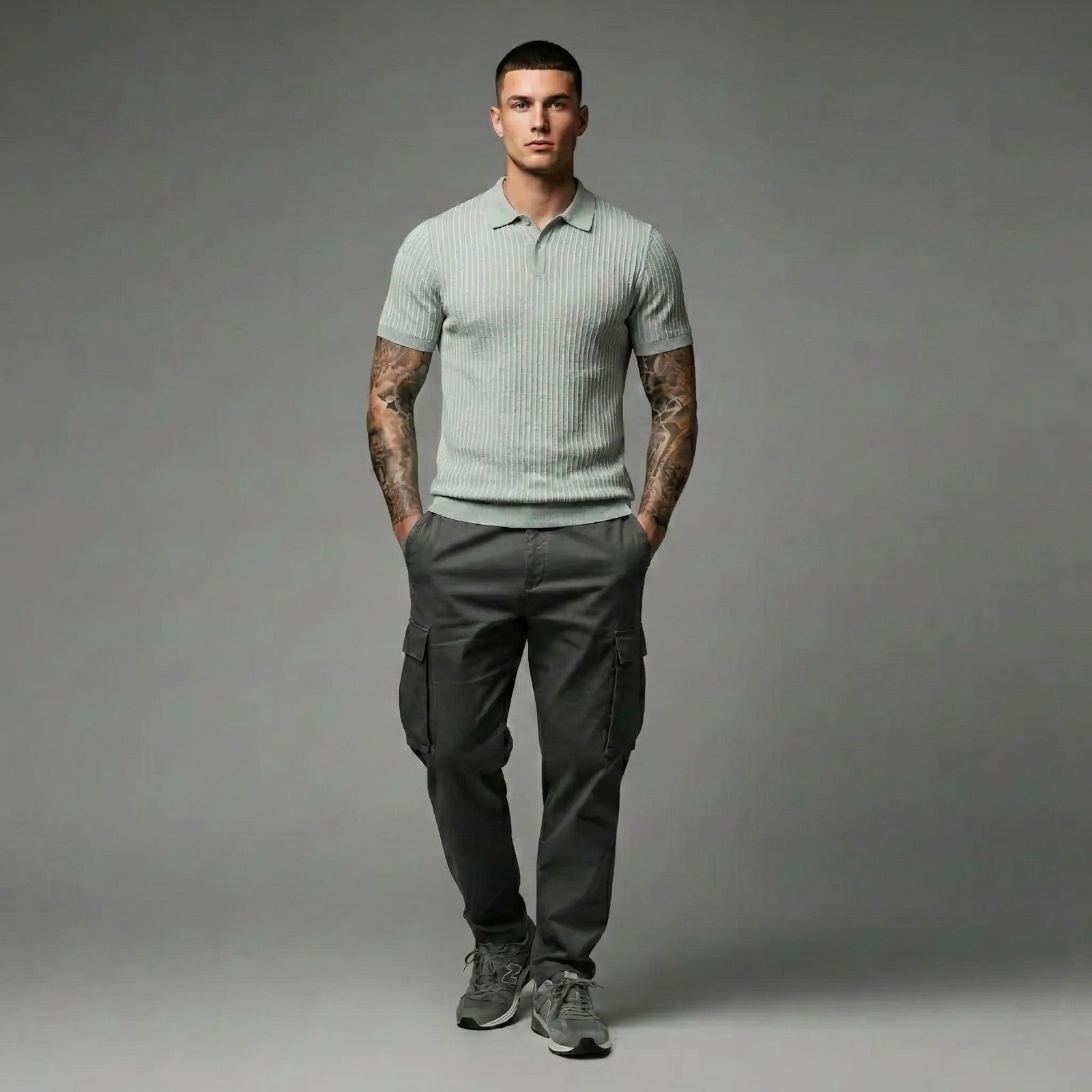 Men Green Melange Striped Polo Collar T-shirt