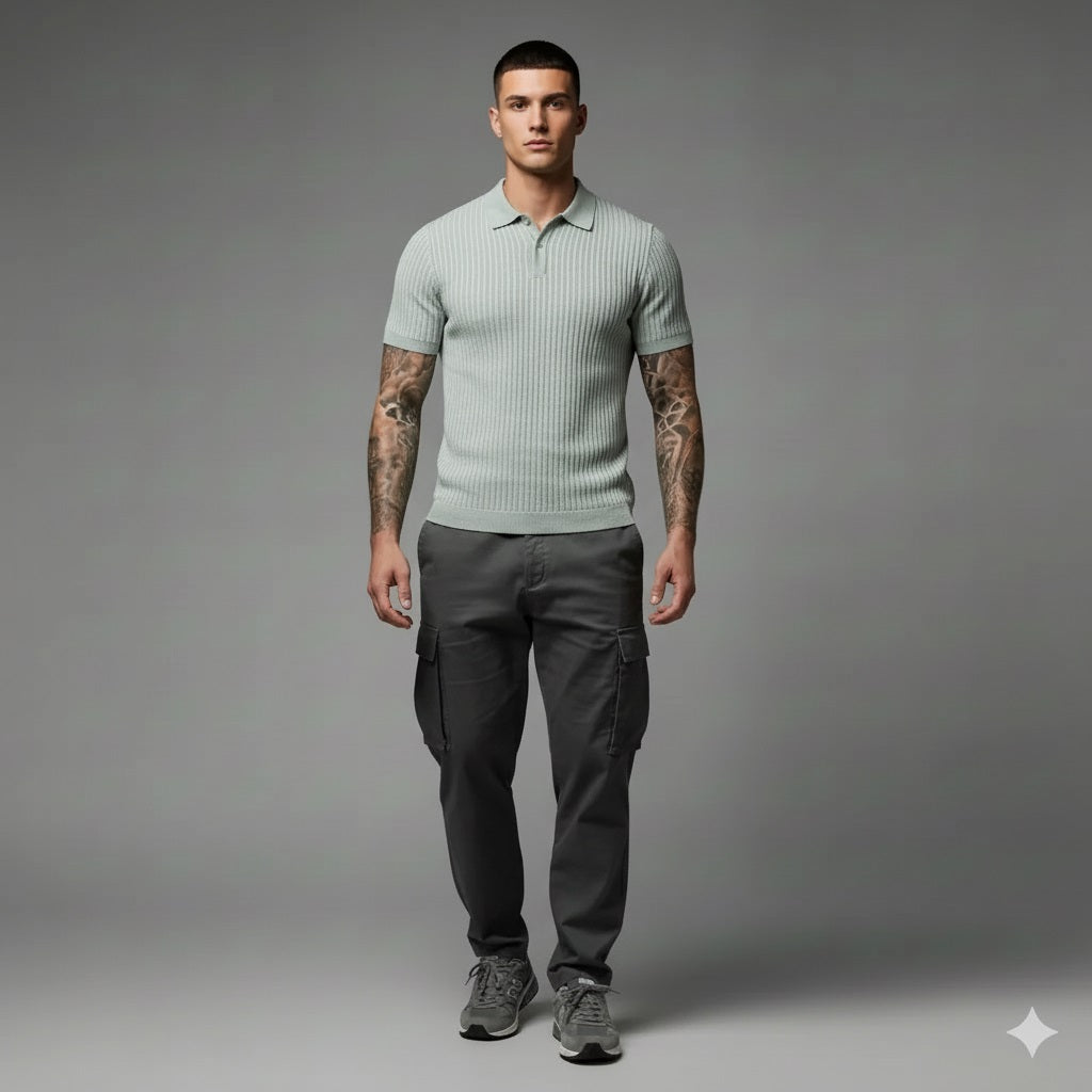 Men Green Melange Striped Polo Collar T-shirt