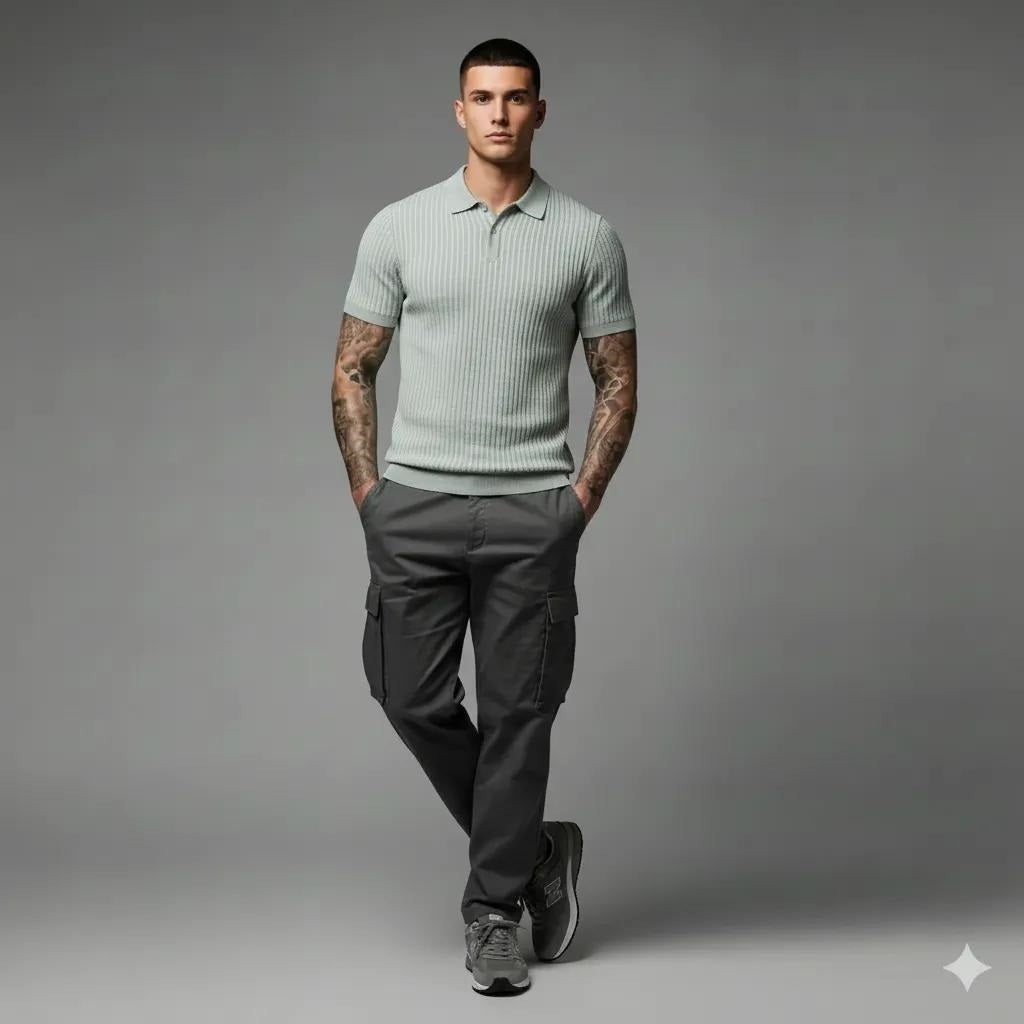 Men Green Melange Striped Polo Collar T-shirt