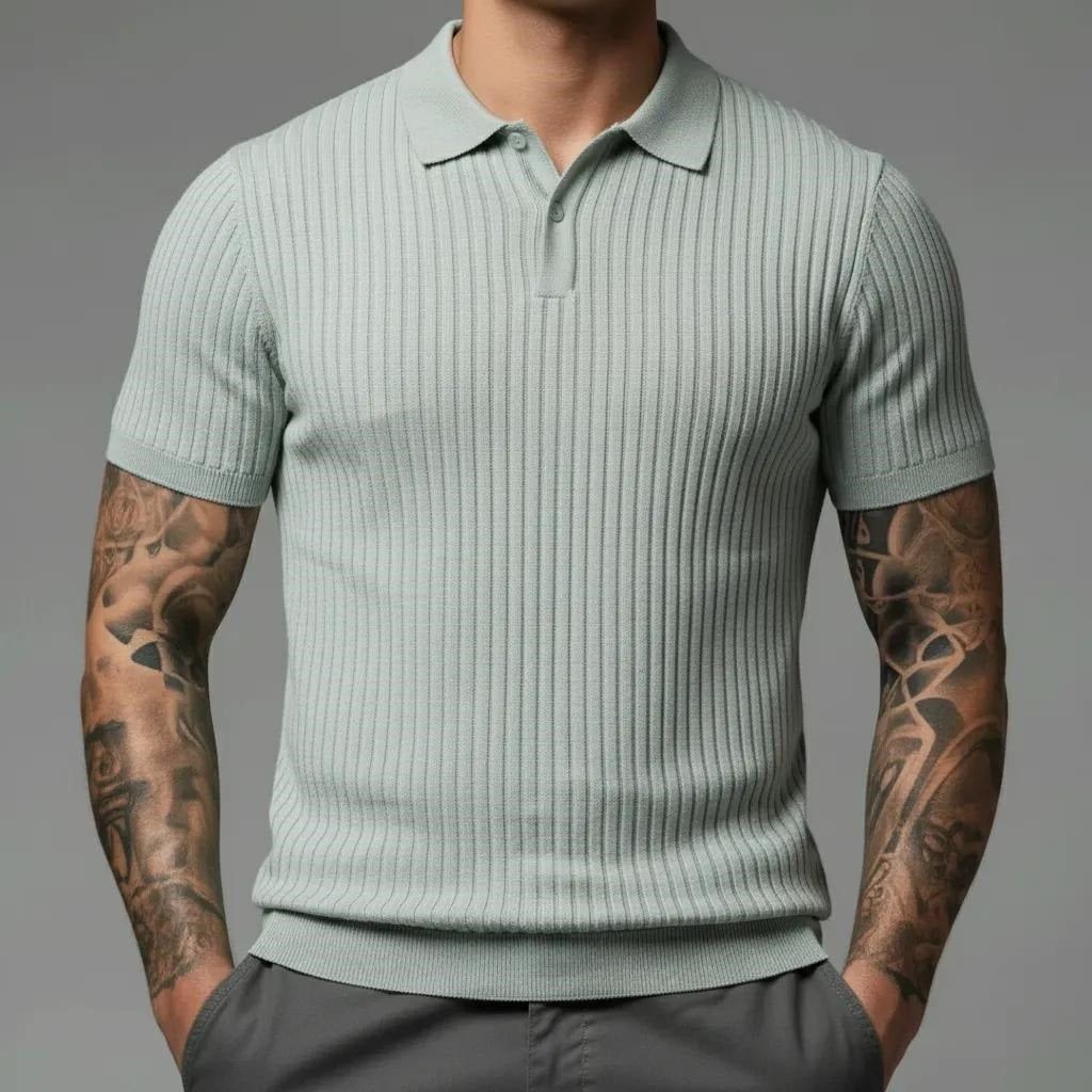 Men Green Melange Striped Polo Collar T-shirt