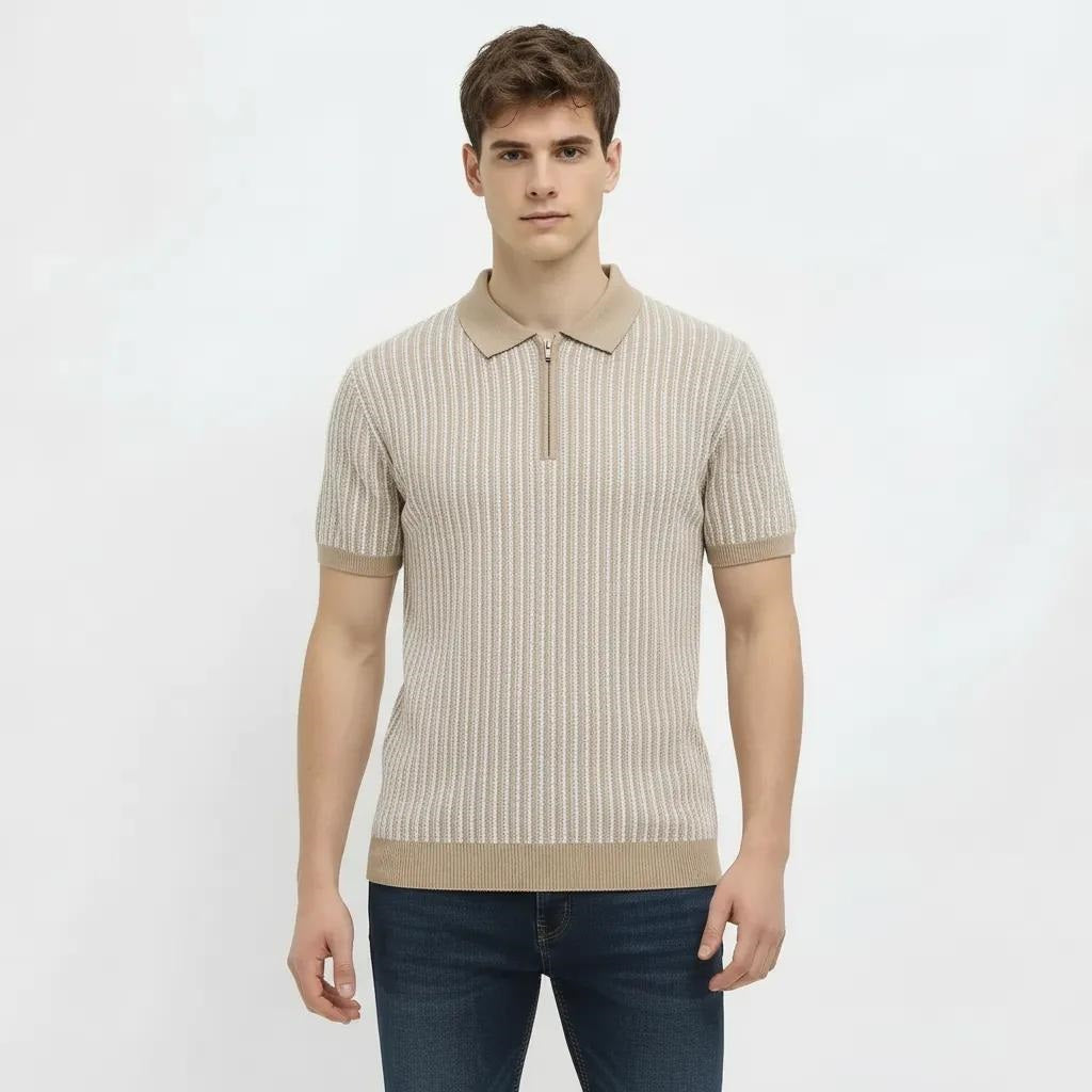 Men Khaki Melange Striped Polo Collar T-shirt