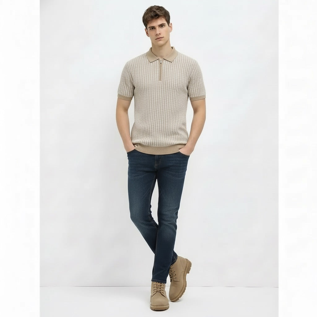 Men Khaki Melange Striped Polo Collar T-shirt