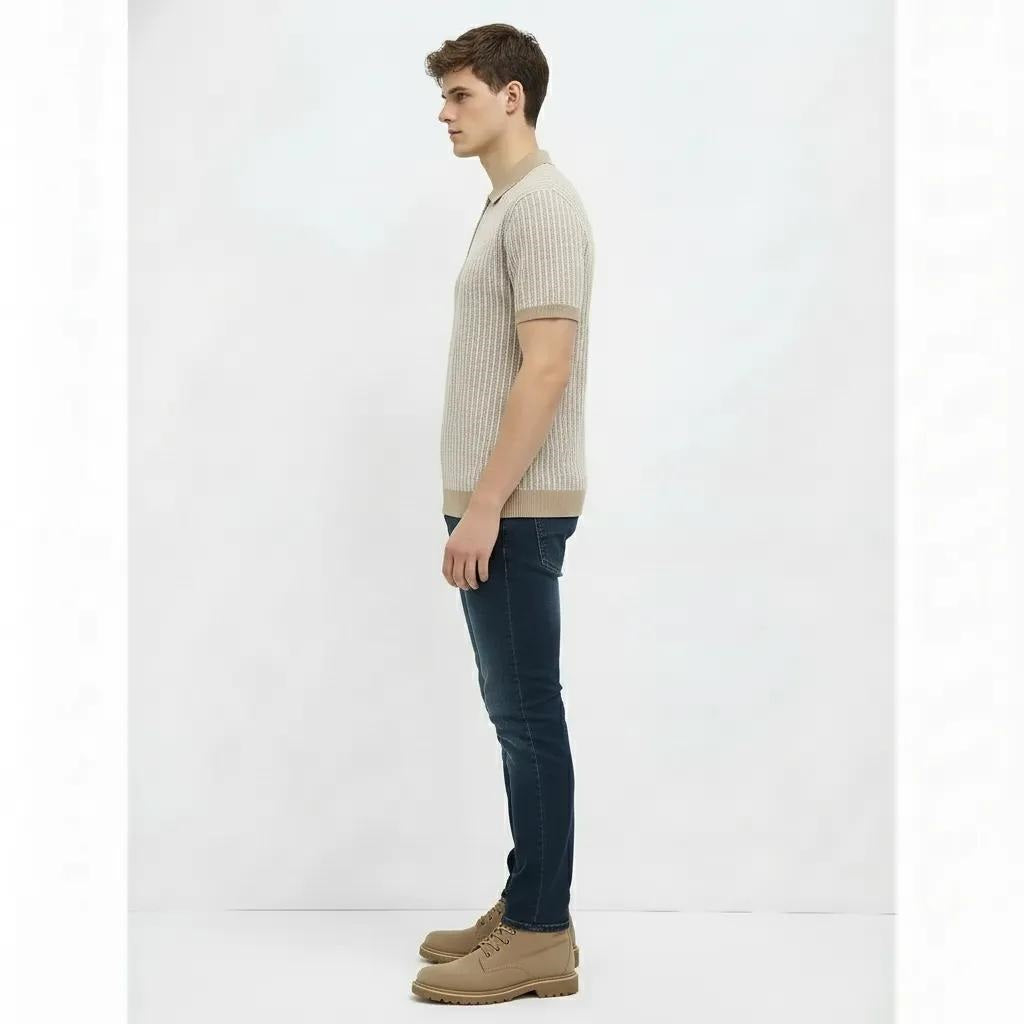 Men Khaki Melange Striped Polo Collar T-shirt