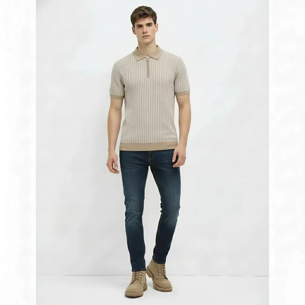 Men Khaki Melange Striped Polo Collar T-shirt