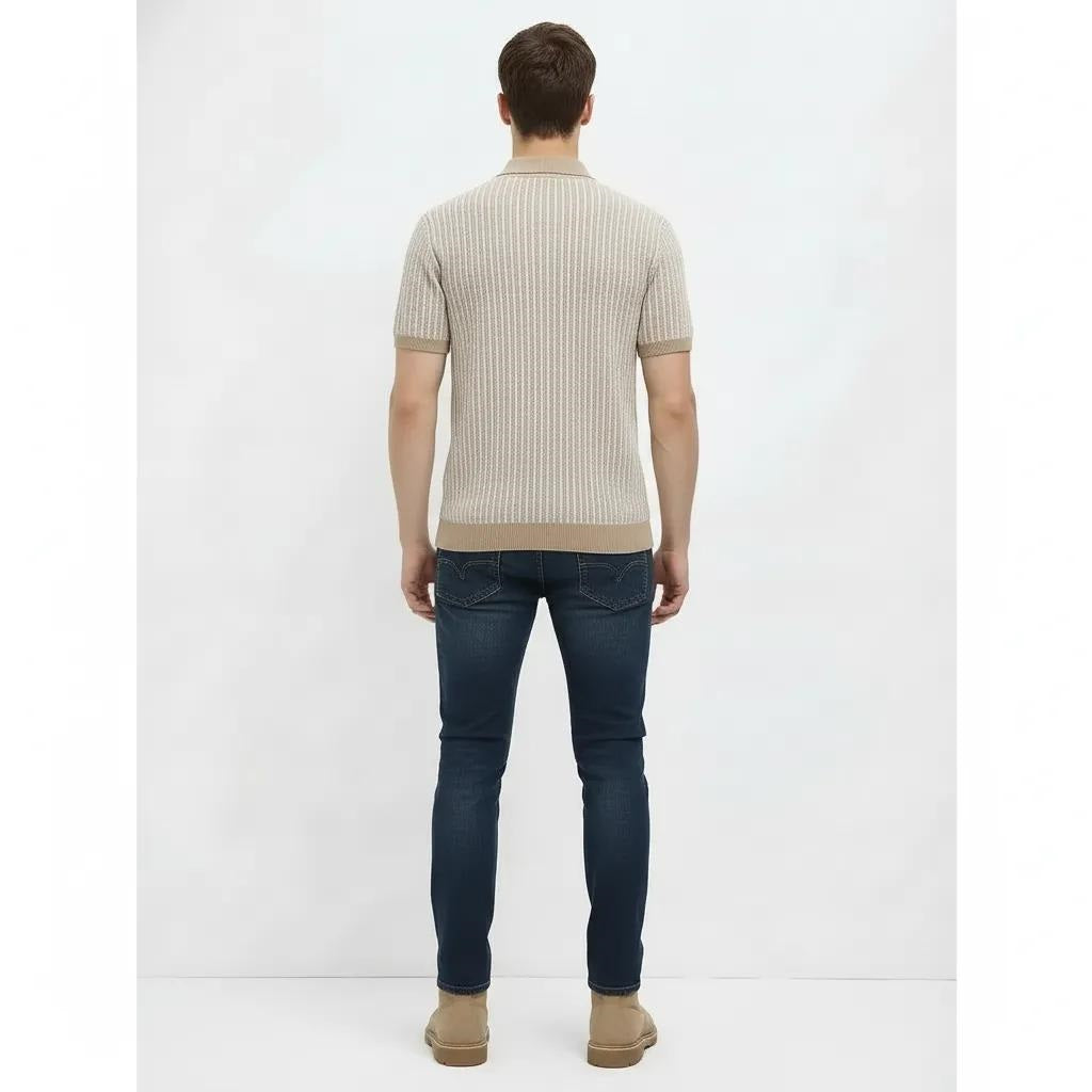 Men Khaki Melange Striped Polo Collar T-shirt