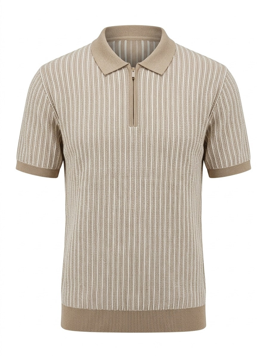 Men Khaki Melange Striped Polo Collar T-shirt