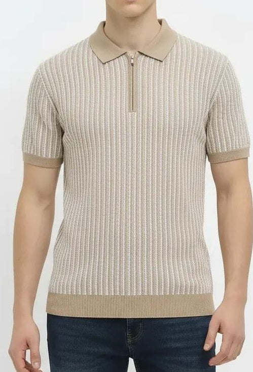 Men Khaki Melange Striped Polo Collar T-shirt