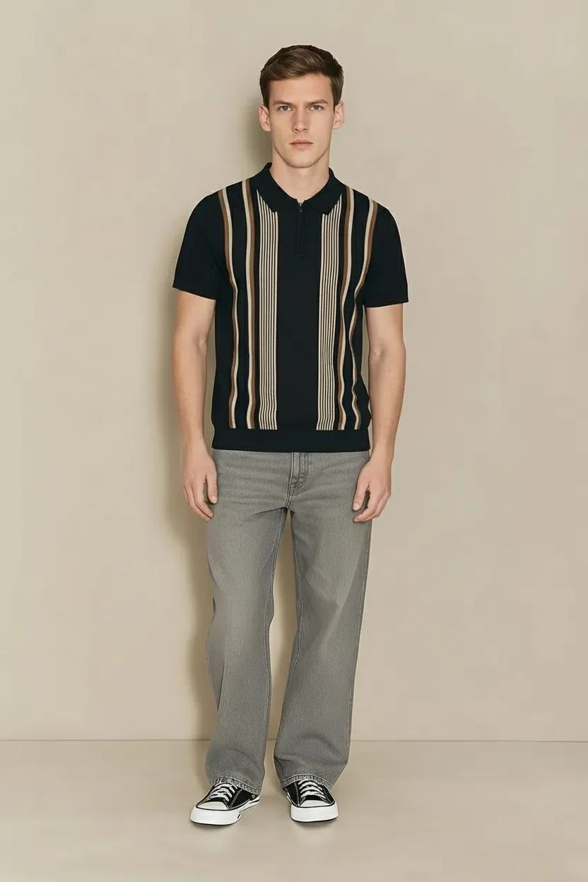Men Dark Navy Striped Polo Collar T-shirt